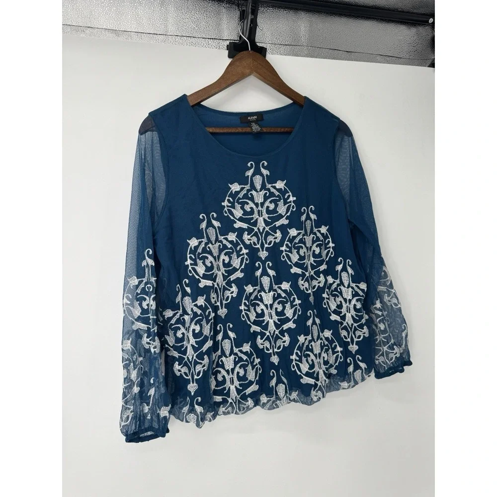 Alfani Blue Sheer‎ Sleeve Embroidered Blouse Fairy Romantic Whimsical Coquette
